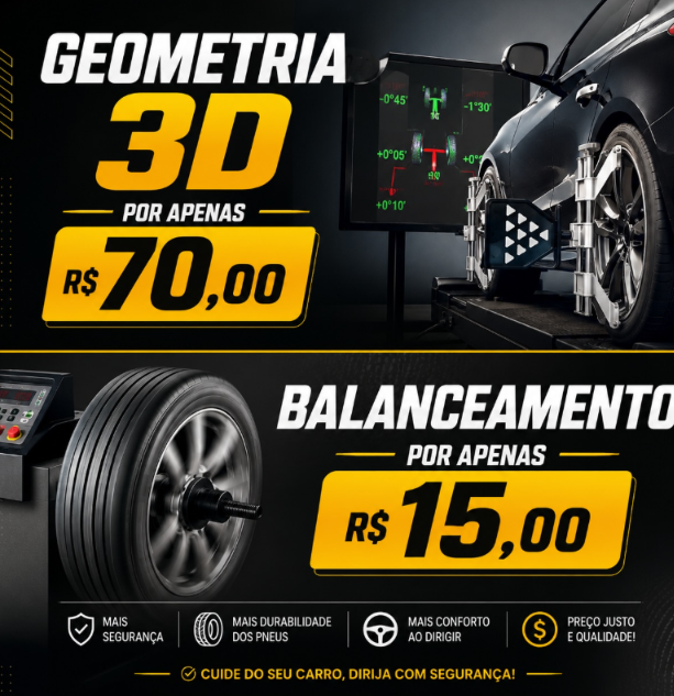 Geometria 3D por R$ 70,00 e balanceamento por R$ 15,00
